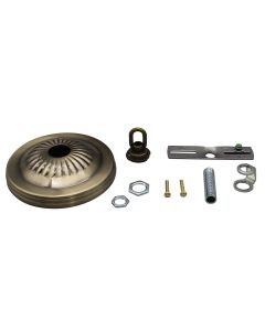 Ribbed Canopy Kit - Steel - Antique Brass Plated With (1) 1/8 IPS All Thread - (1) Cross Bar - (1) Strain Relief Cap - (2) 8-32 Mounting Screws - (1) Lock Nut